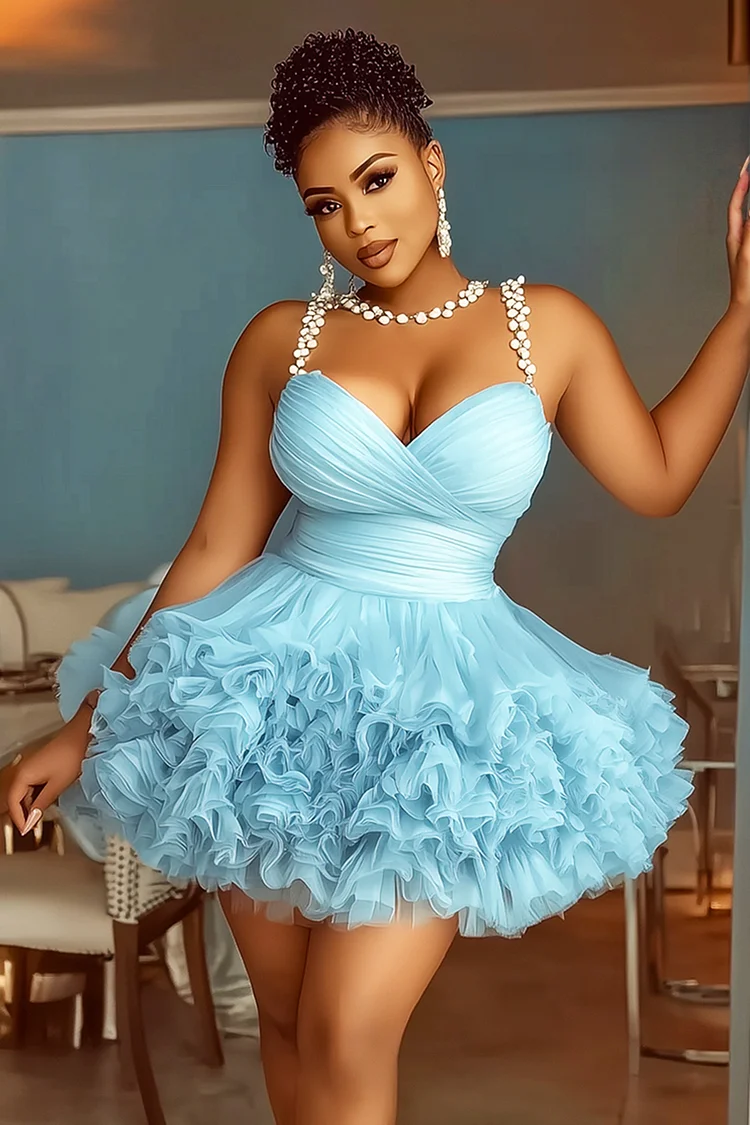 Overlap Alloy Chain Cami Tulle Hem Party Mini Dresses-Blue [Pre Order]