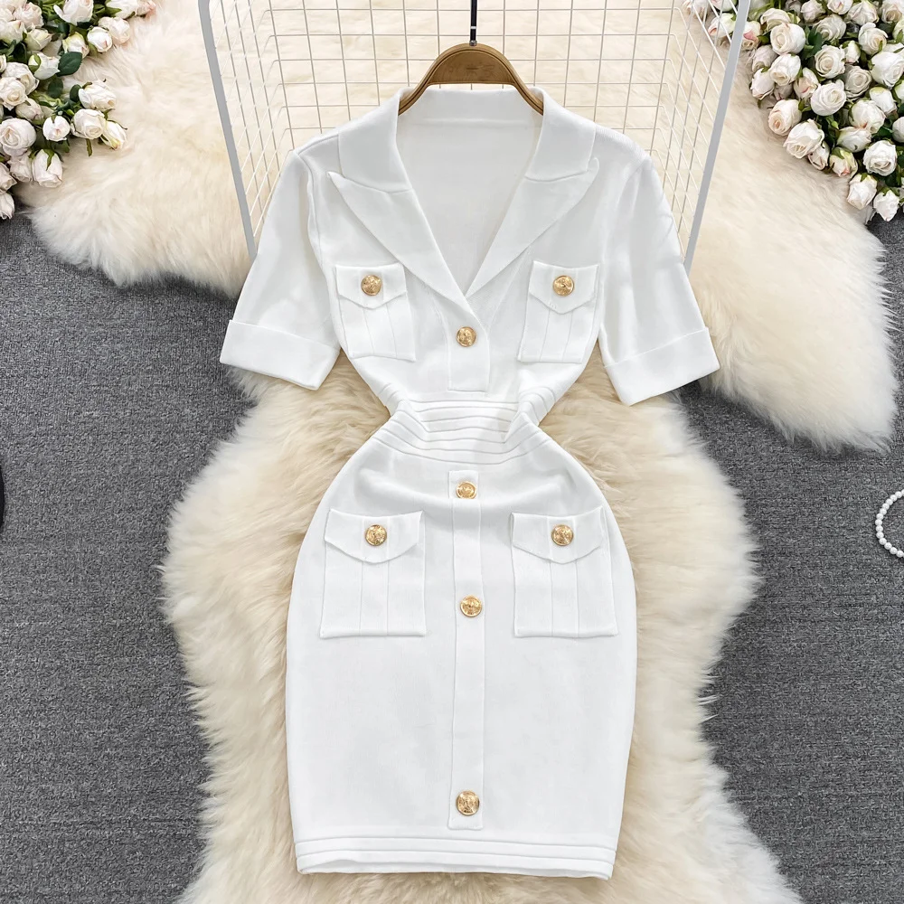 Ueong Temperament Small Person Wrap Buttock Short Skirt Female Foreign Style Reduce Age Show Thin Ice Silk V Neck Knit Dress Wrap Buttock Skirt