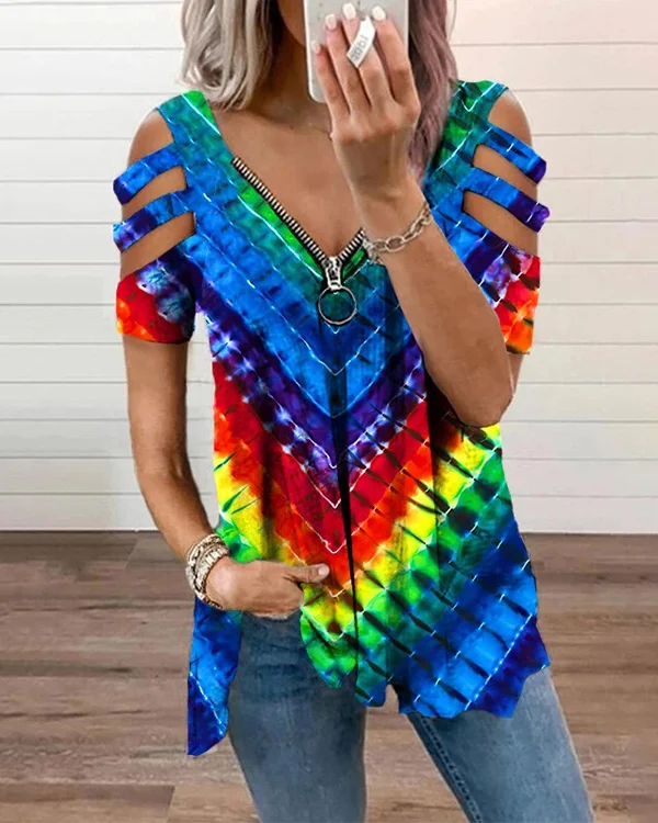 🔥kukelife🔥Rainbow striped zipper casual graphic tee