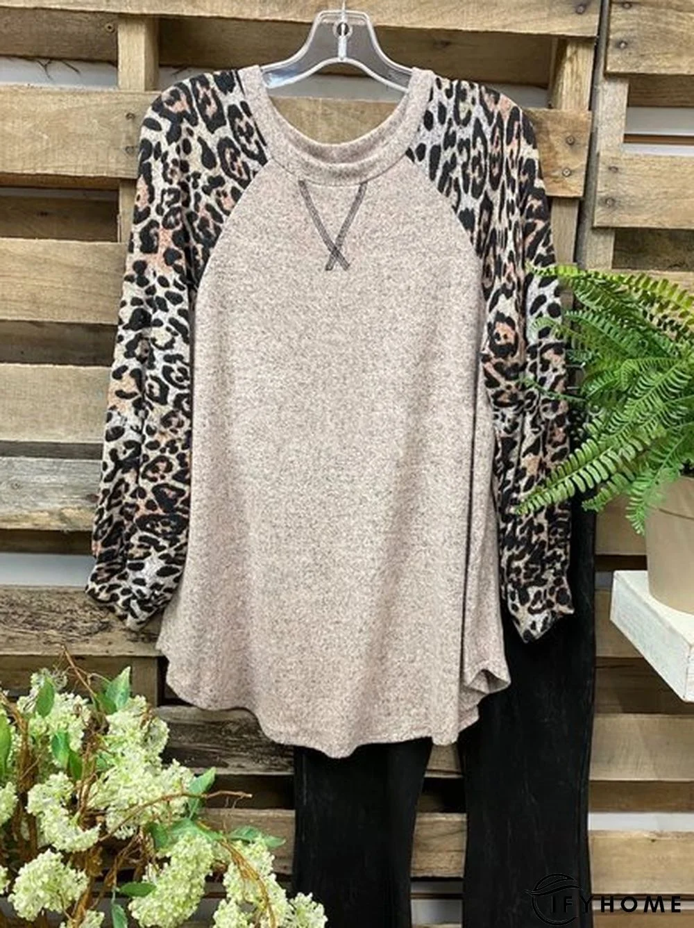 Cotton-Blend Leopard Casual Crew Neck Tunic Sweatshirt | IFYHOME