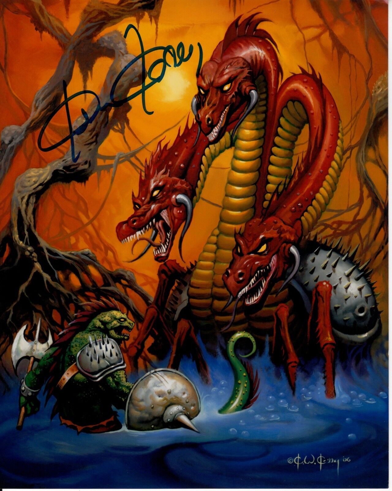 KEN KELLY hand-signed 3-HEADED DRAGON 8x10 fantasy art w/ IN-PERSON UACC RD COA