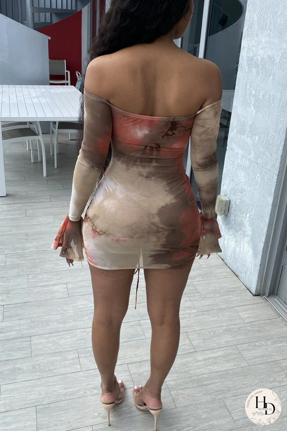 Rose Red Fashion Sexy Print Draw String Backless Bateau Neck Printed Dress