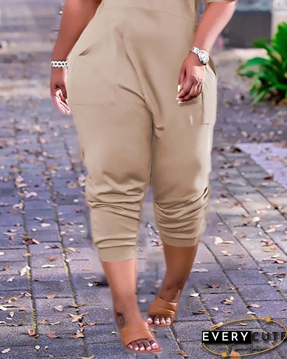 Letter Print V-Neck Short Sleeve Pocket Design Jumpsuit