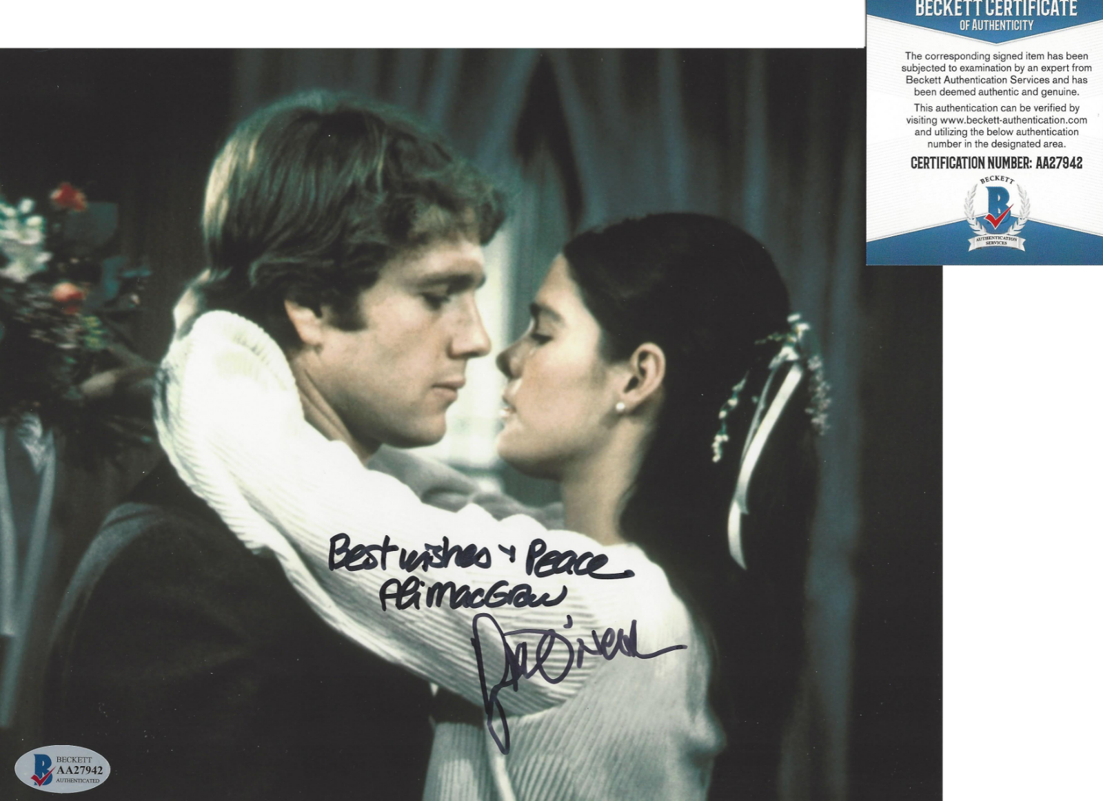 RYAN O'NEAL & ALI MACGRAW SIGNED 'LOVE STORY' 8x10 MOVIE Photo Poster painting G BECKETT COA BAS