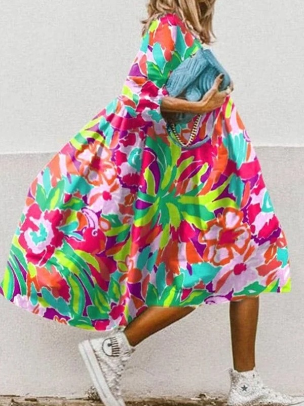 Vintage Floral Print High Low Hem A-Line Midi Dress