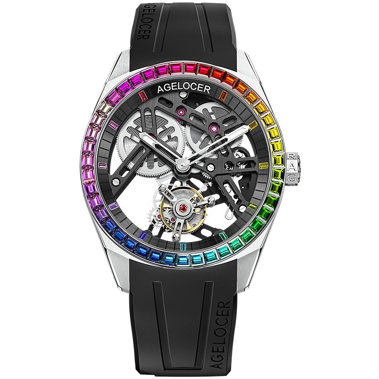  Agelocer Tourbillon Fluoro Rubber Men's Hollow Mechanical Watch - Rainbow Bezel