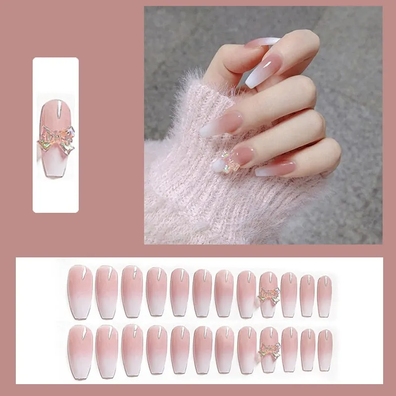 24pcs Butterfly decorated false nails Removable Long Paragraph Fashion Manicure press on nail tips full cover acrylic for girls-Nail Inspo