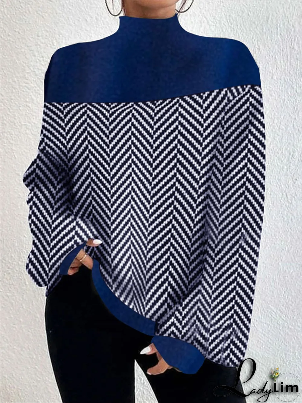Casual High Neck Patchwork Striped Plaid Long Sleeve Sweater