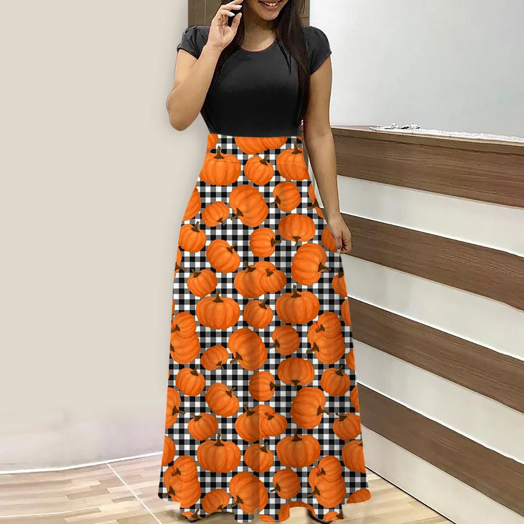 Halloween Style Print Short Sleeve Crew Neck Black Maxi Dress