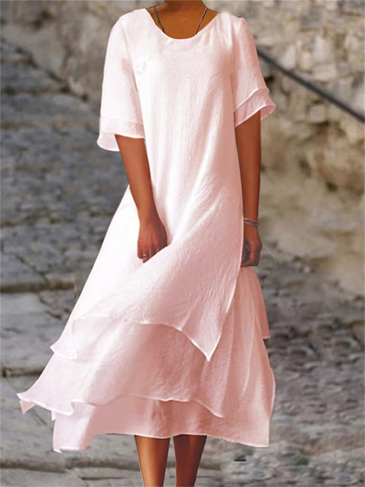 Women Fashion Two Layers Slit Short Sleeve O Neck Casual Linen Cotton Dress