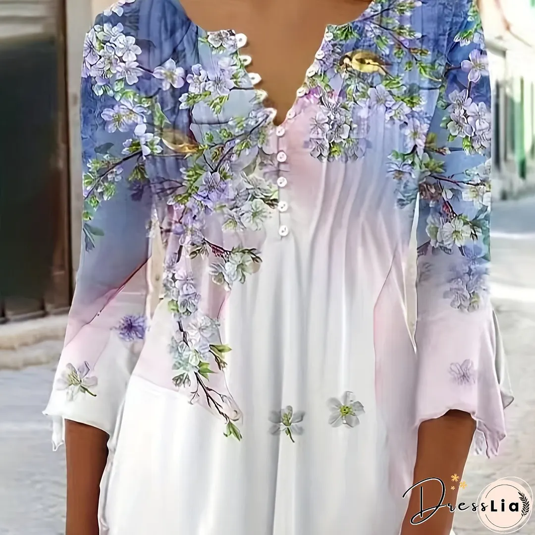 Floral Print Pleated Button Front T-Shirt, Casual Ruffle Sleeve T-Shirt For Spring & Summer, Women's Clothing