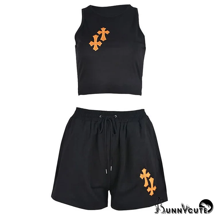 Cross Embrpidery Crop Top Vest Shorts Two Pieces Set