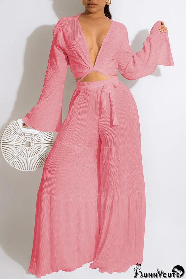 Pink Sexy Solid Bandage Patchwork V Neck Long Sleeve Two Pieces