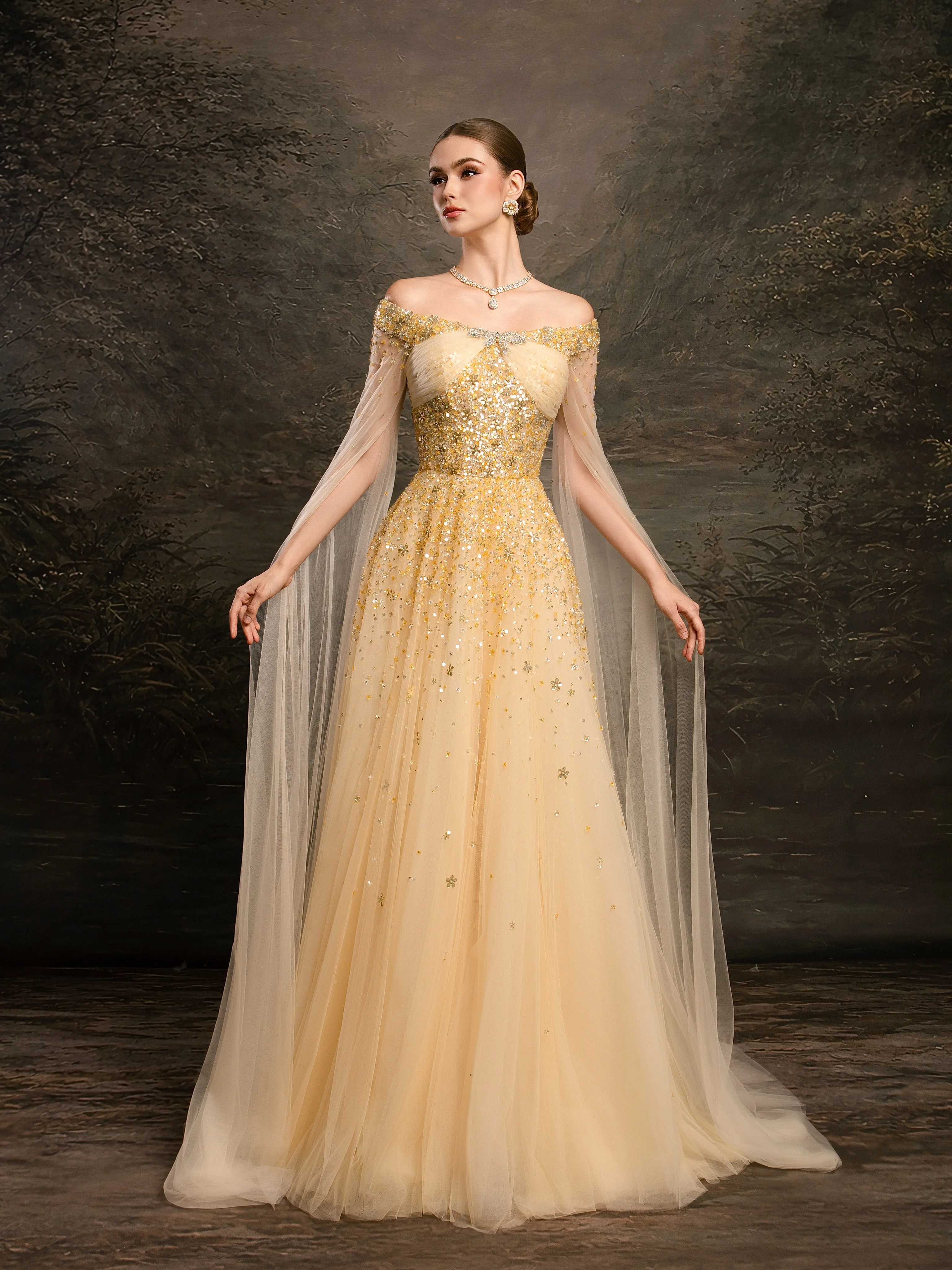 Tulle Strapless Off-The-Shoulder Cape Sleeve High-Waisted Long Prom Dress With Sequins | LX0060 Wellcucu
