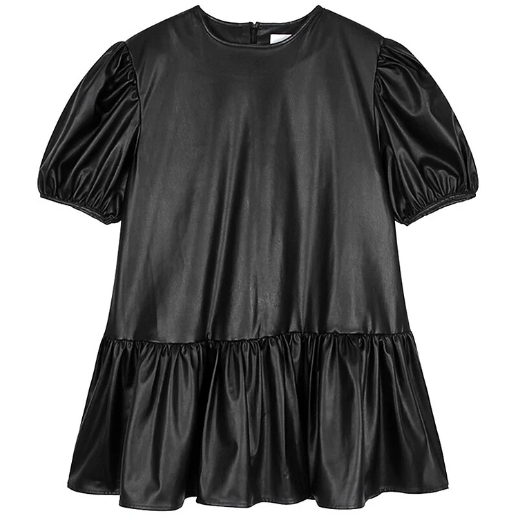 Temperament Solid Color O-neck Puff Short Sleeve Ruffled Hem Mini Soft faux Leather Dress 