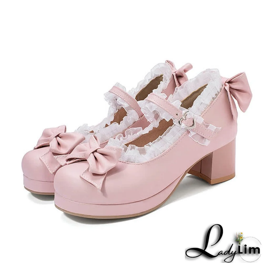 Bowknot Lace Round Toe Chunk Low Heel Mary Janes Shoes