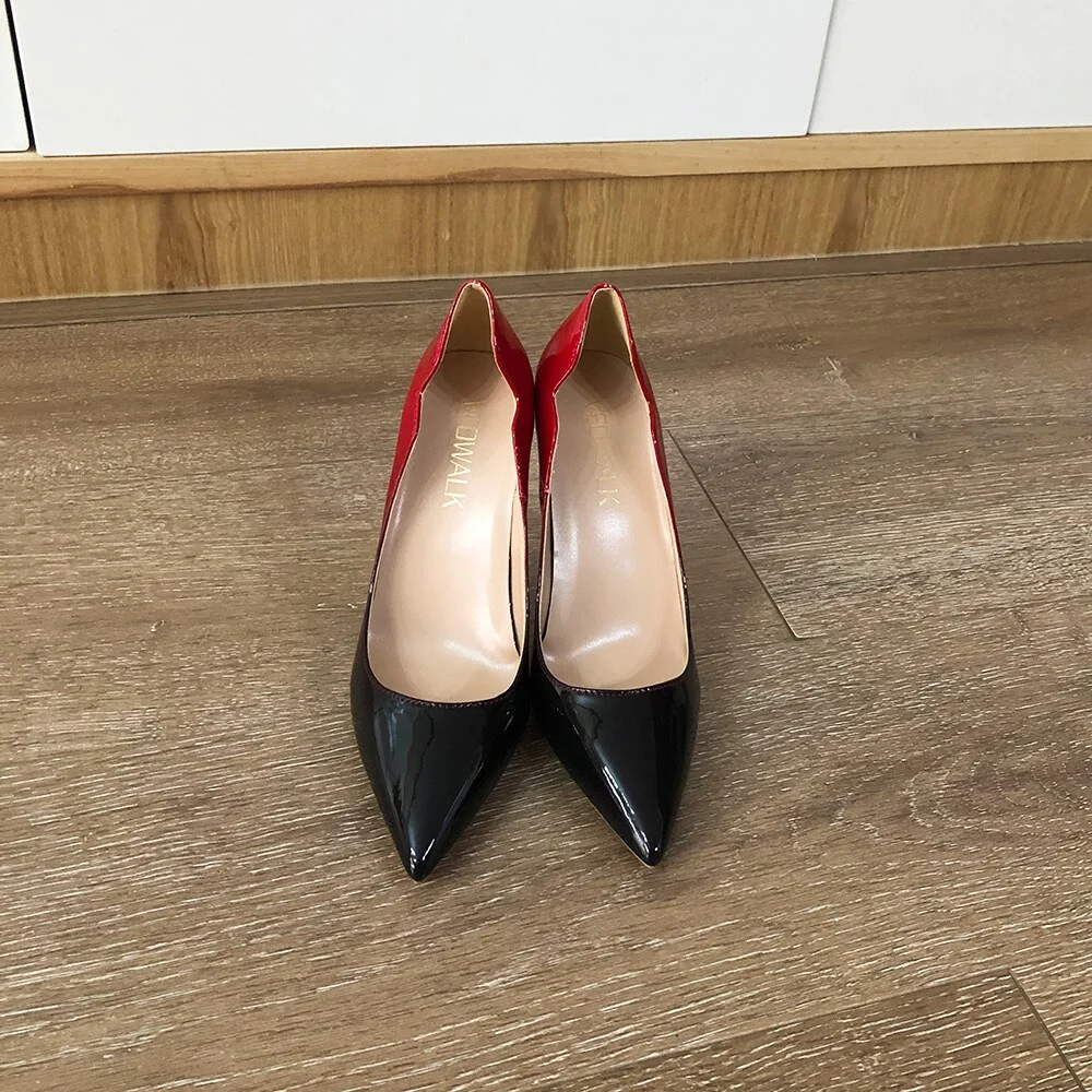 Canrulo Gradient Red Black Women Curl Cut Pointed Toe Stiletto Pumps Elegant Ladies Glossy High Heel Shoes for Party Office