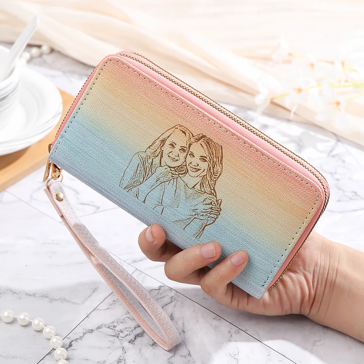 Women's Personalized Photo PU Leather Rainbow Long Zipper Wallet for Her
