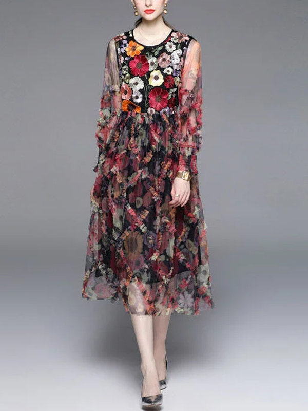 French Floral Embroideried Ruffled Patchwork Tulle Dresses Summer