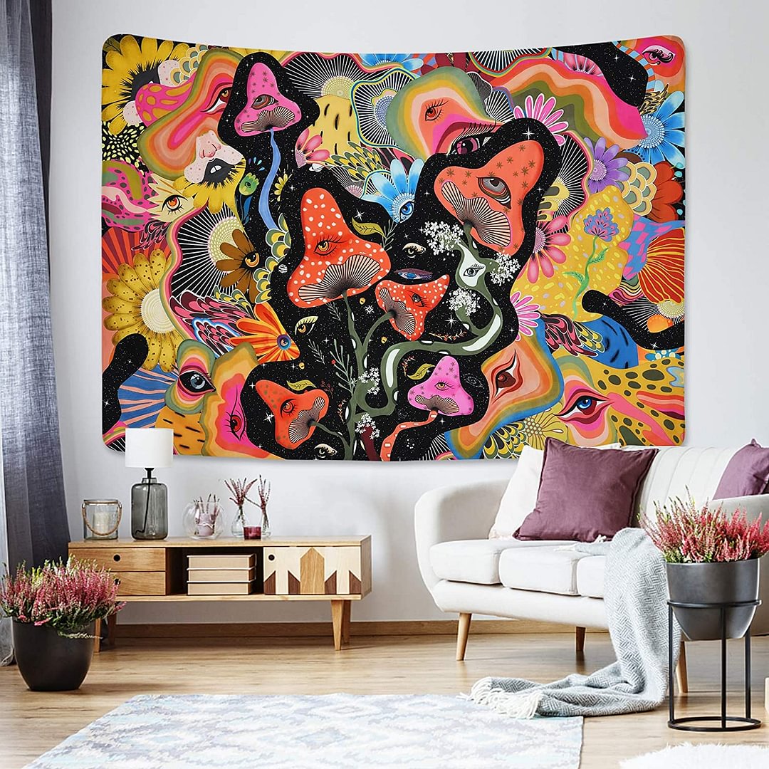 Mushroom Tapestry Wall Hanging Psychedelic Eyes Tapestries Trippy Tapestry Colorful Flowers Hippie Carpets for Room Starry