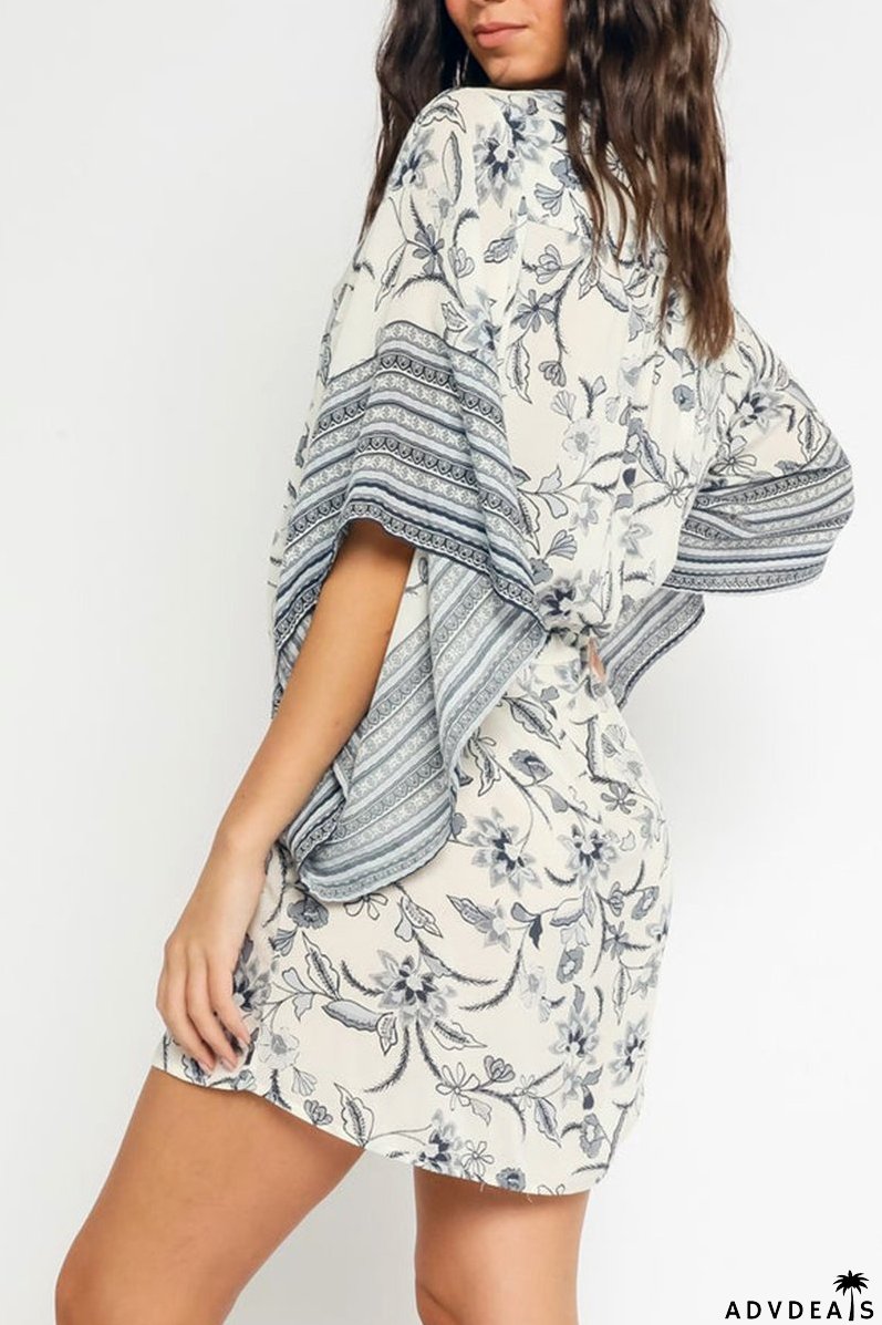 Fashion Print Split Joint V Neck Cake Skirt Dresses