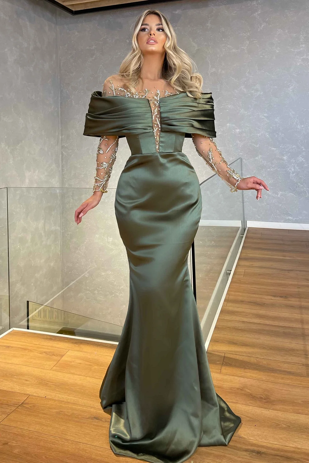 Green Prom Dress Off-the-shoulder Long Sleeves Beadings Embellished YL0193