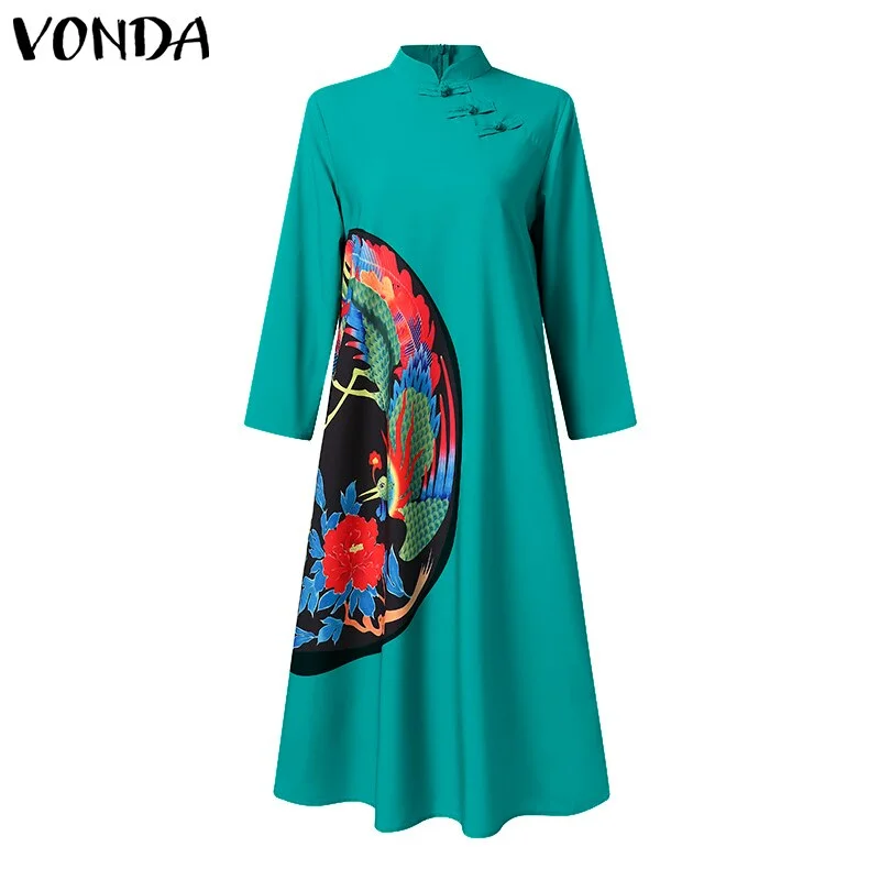 VONDA Spring Midi Dress 2022 Vintage Printed Button Up Robe Loose Sundress Femme High Neck Pleated Baggy Vestidos Oversized