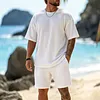 Men's Casual Waffle-Knit Crew Neck T-Shirt And Shorts Set by Inlyline
