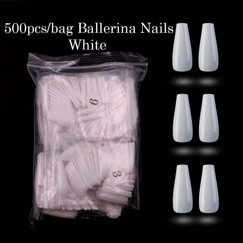 Lamemoria 500pcs Long Ballerina Full Nail Tips Acrylic Press on Fake Nails Coffin Shape Professional False Nails DIY Salon Tools