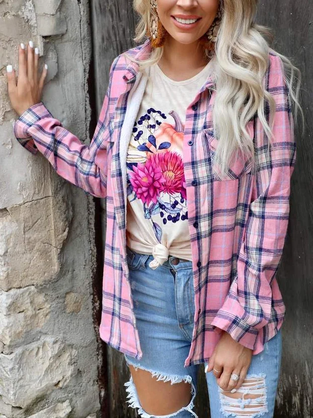 Purdy Pink Plaid Fleece Lined Flannel Top
