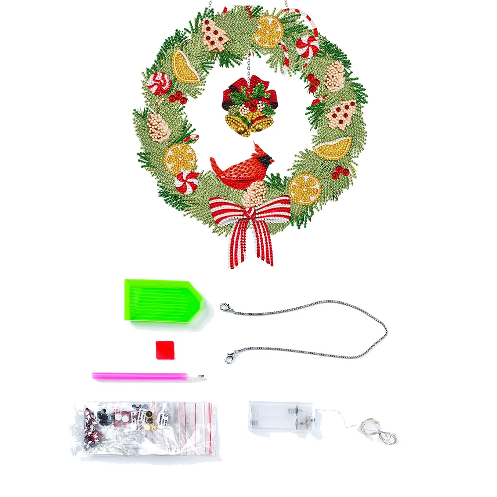 DIY Xmas Bird Bell Acrylic Single Side Special Shaped Diamond Painting Wreath Ornament with LED Light