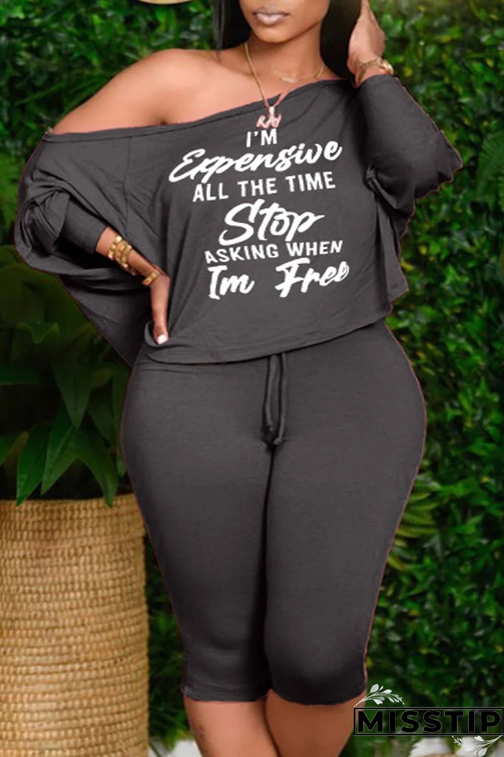 Black Casual Print Patchwork Off the Shoulder Plus Size Two Pieces