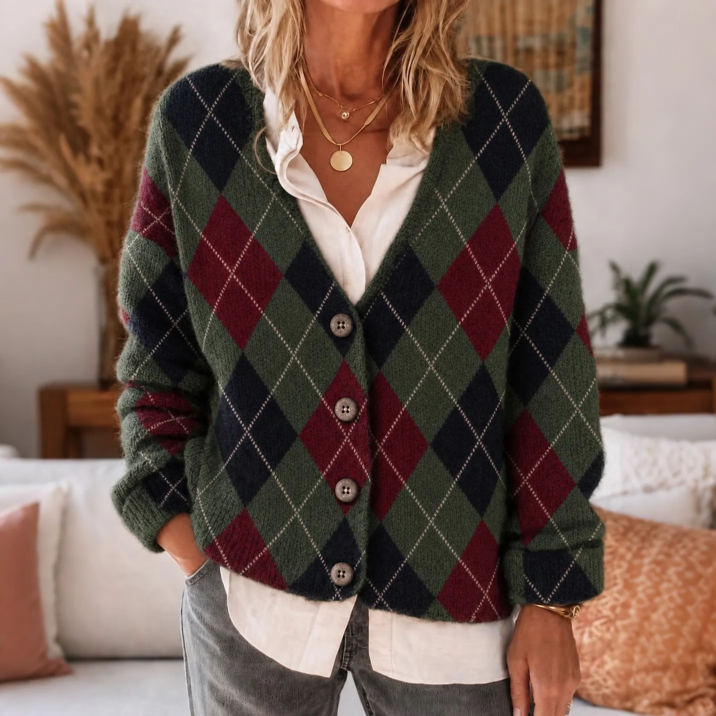 Comstylish Women's Retro Argyle Pattern Art Casual Knit Cardigan