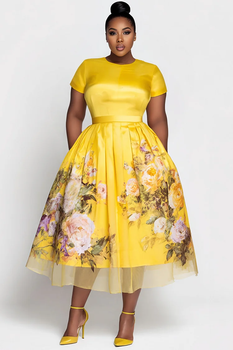 Xpluswear Design Plus Size Wedding Guest Yellow Floral Round Neck Short Sleeve Contrast Pleated Satin Midi Dresses [Pre-Order] 2024 - Xpluswear