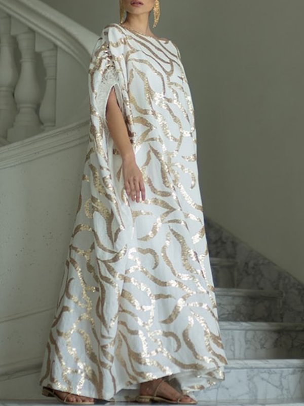 Gold line printed feather decorated maxi dress