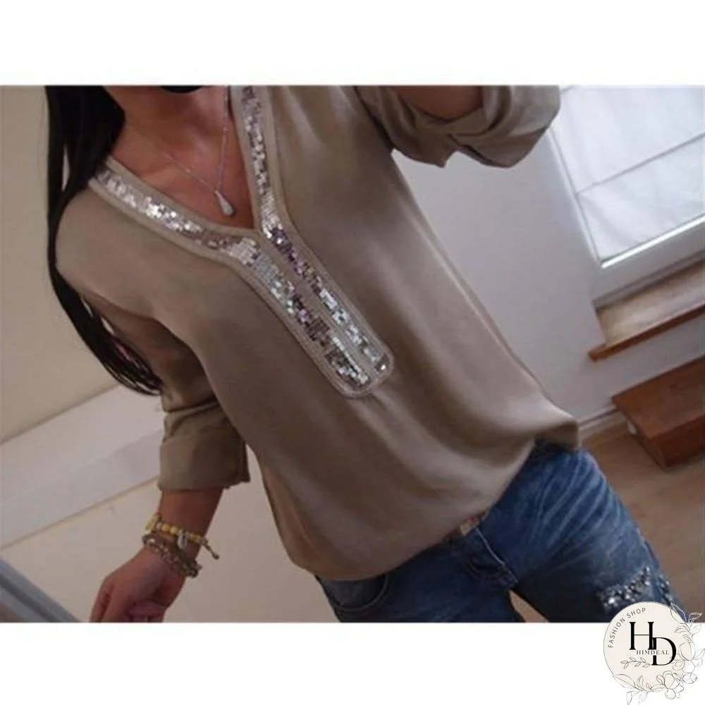 Hirigin Fashion Women Ladies Long Sleeve Loose Blouse Summer V-Neck Casual Shirts Tops Clothing Sequined Casual Soft Clothes