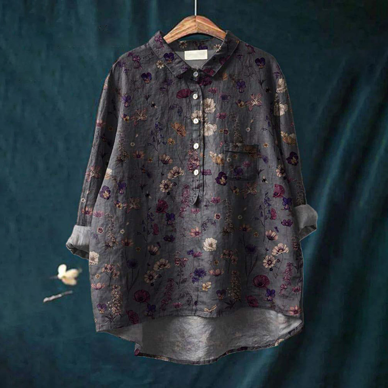 Comstylish Vintage Women's Floral Art Print Casual Cotton Linen Shirt