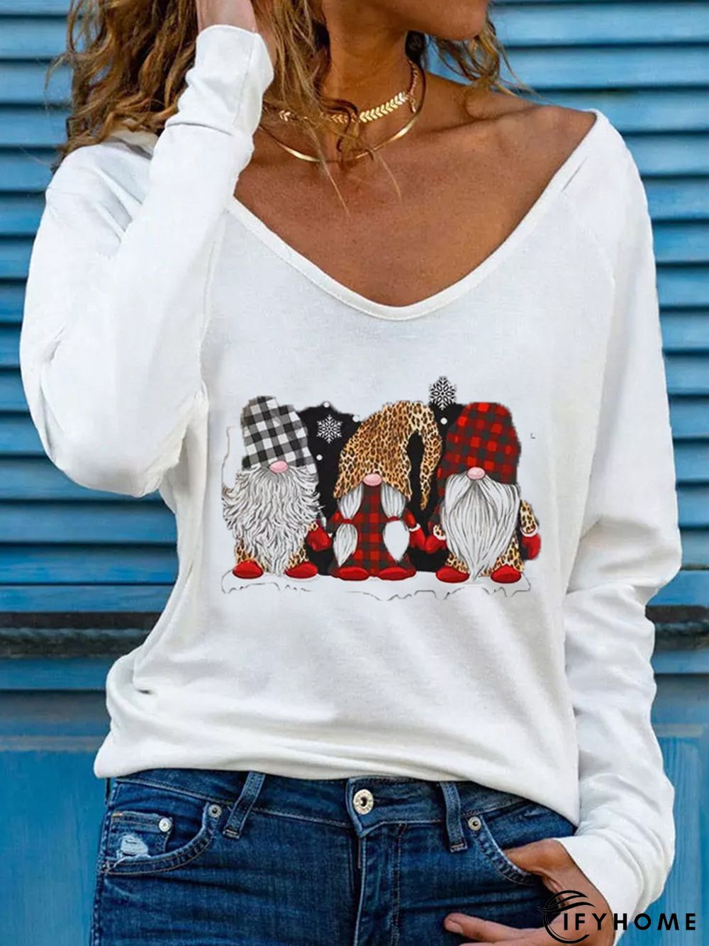 V Neck Casual Christmas Snowman T-shirt | IFYHOME