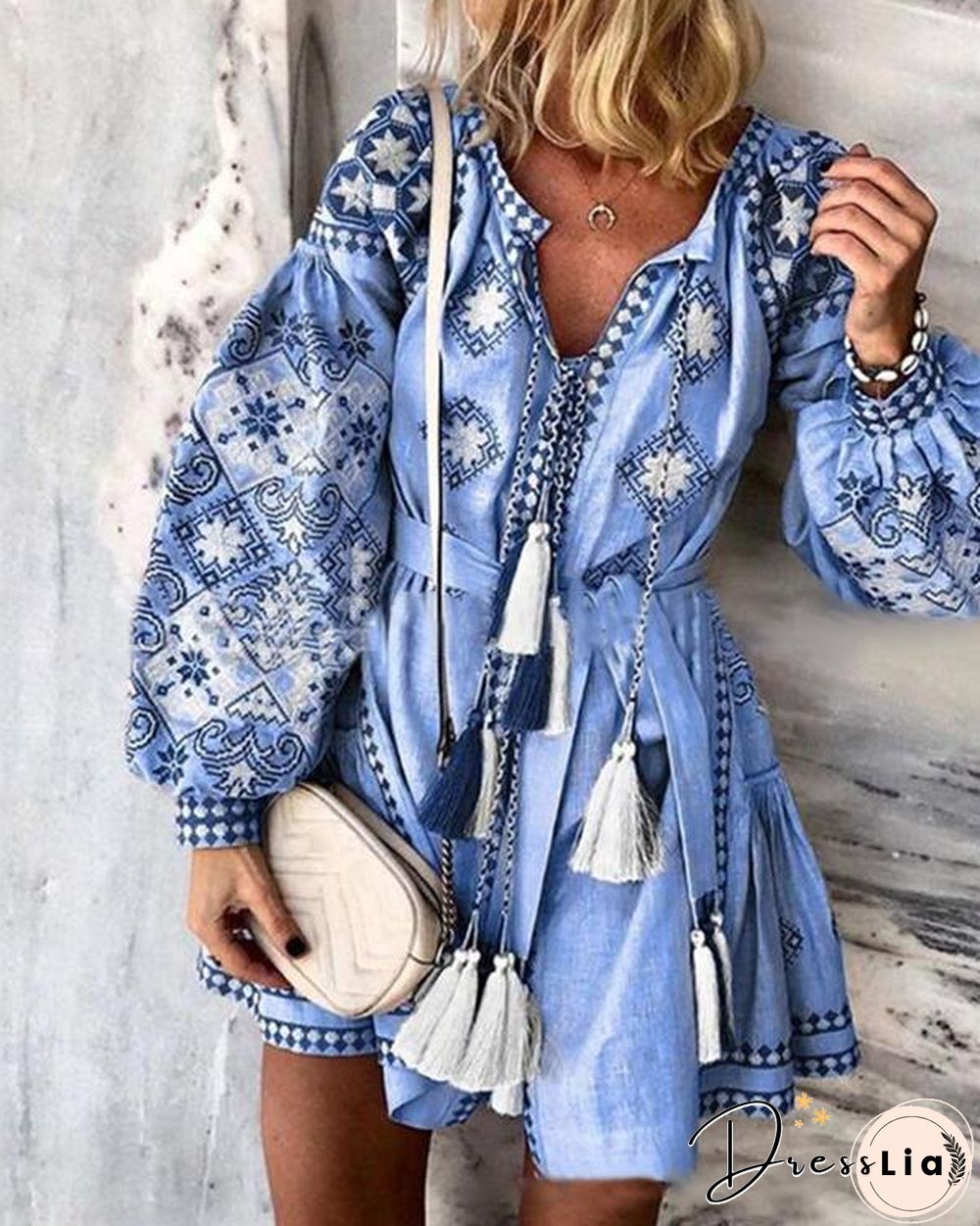 Plus Size Skater Floral V-Neckline Casual Tassel Plus Dress