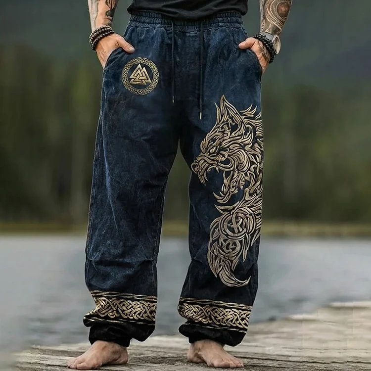 Men's Viking Wolf Celtic Valknut Totem Nordic Retro Pants