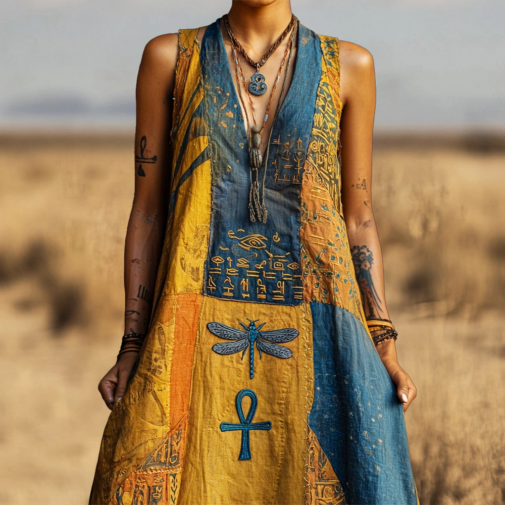 Comstylish Vintage Egyptian Dragonfly & Ankh Elements Women's Linen V-neck Vest Midi Dress