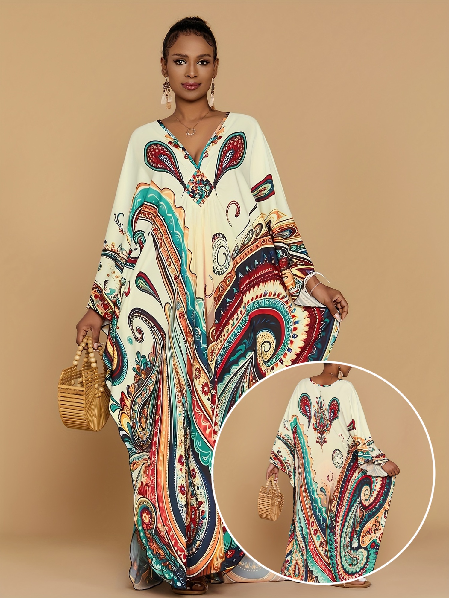 Kaftan Dresses For Women Bohemian Printed Four-Sided Elastic V-Neck Beach Coverup Bat Sleeves Kaftan Robe Casual Home Vacation Plus Size Swimwear Coverup Ethnic Style Plus Size Dress