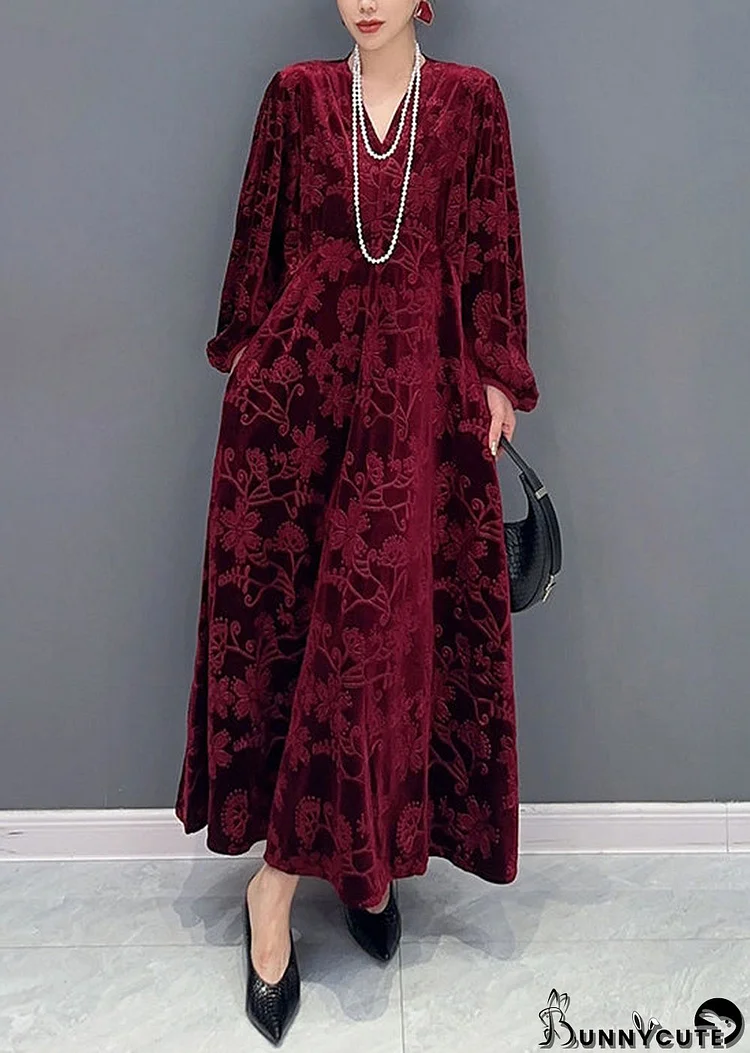 Classy Wine Red V Neck Pockets Silk Velour Long Dresses Fall