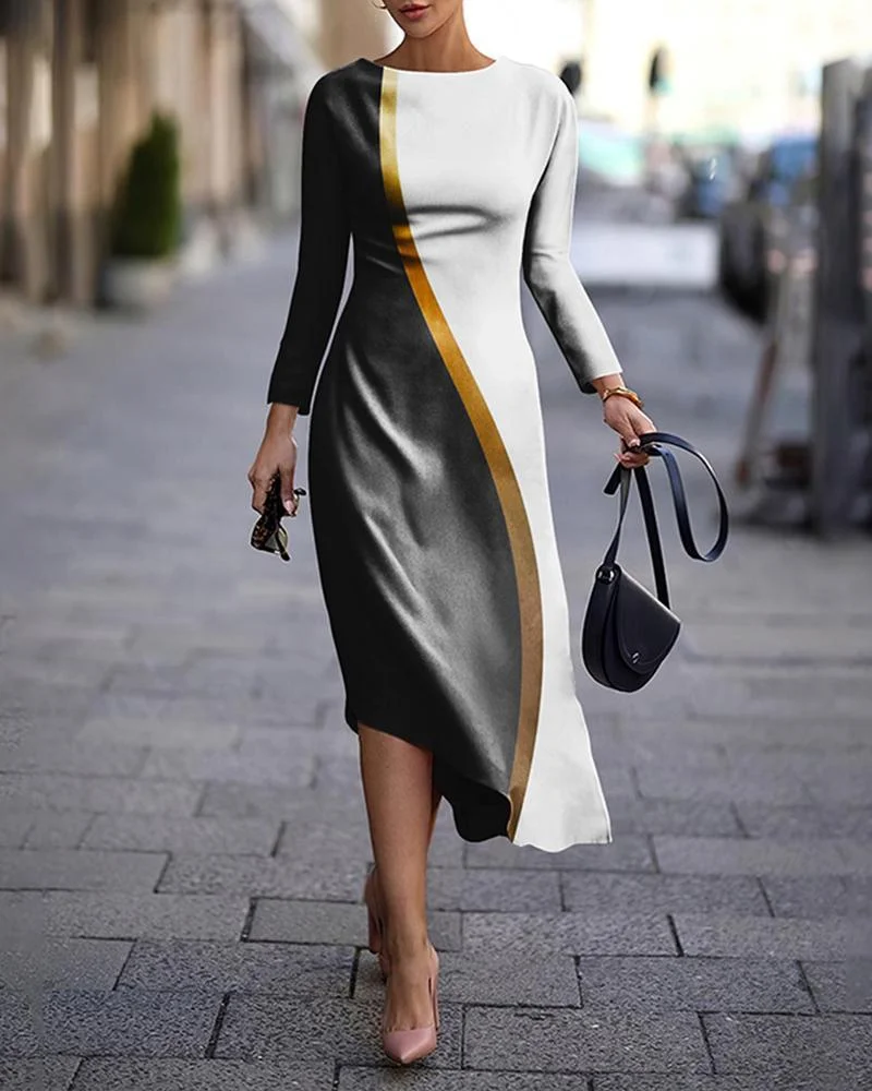 V-Neck Long Sleeve Slim Dress 3D Printed Dress