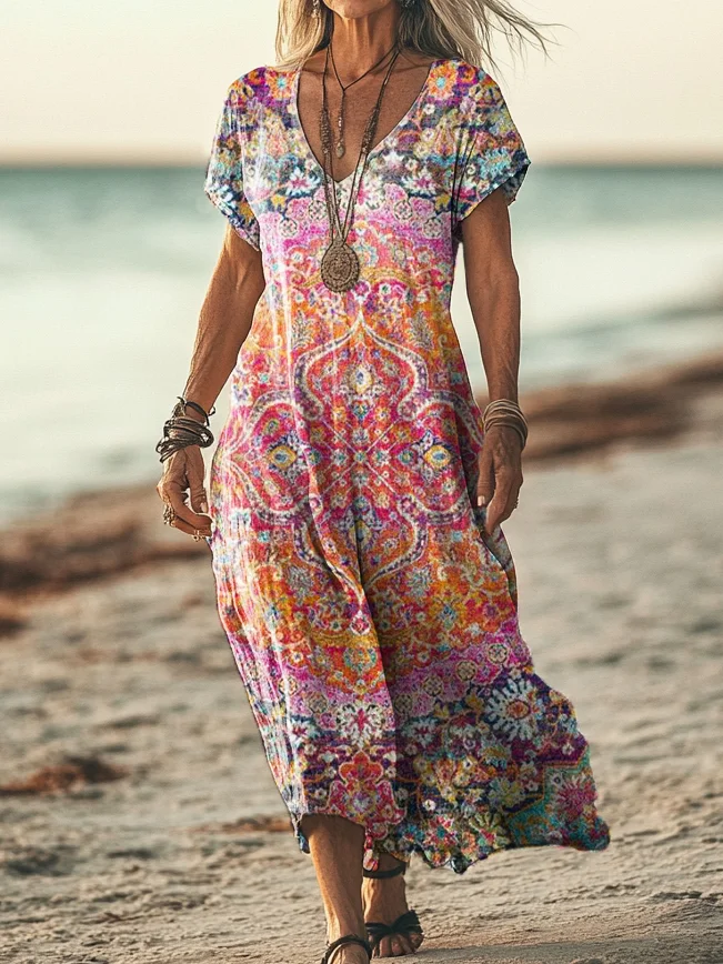 Women's Vintage Ethnic Floral Art Print Short Sleeve Pocket Cotton Linen Dress