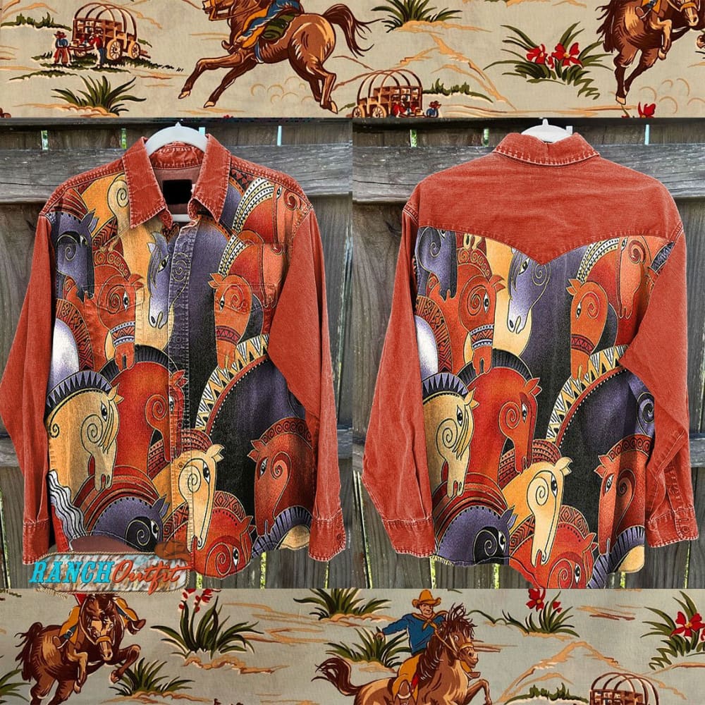 Vintage Wild West Horse Art Print Casual Shirt Multicolor / S