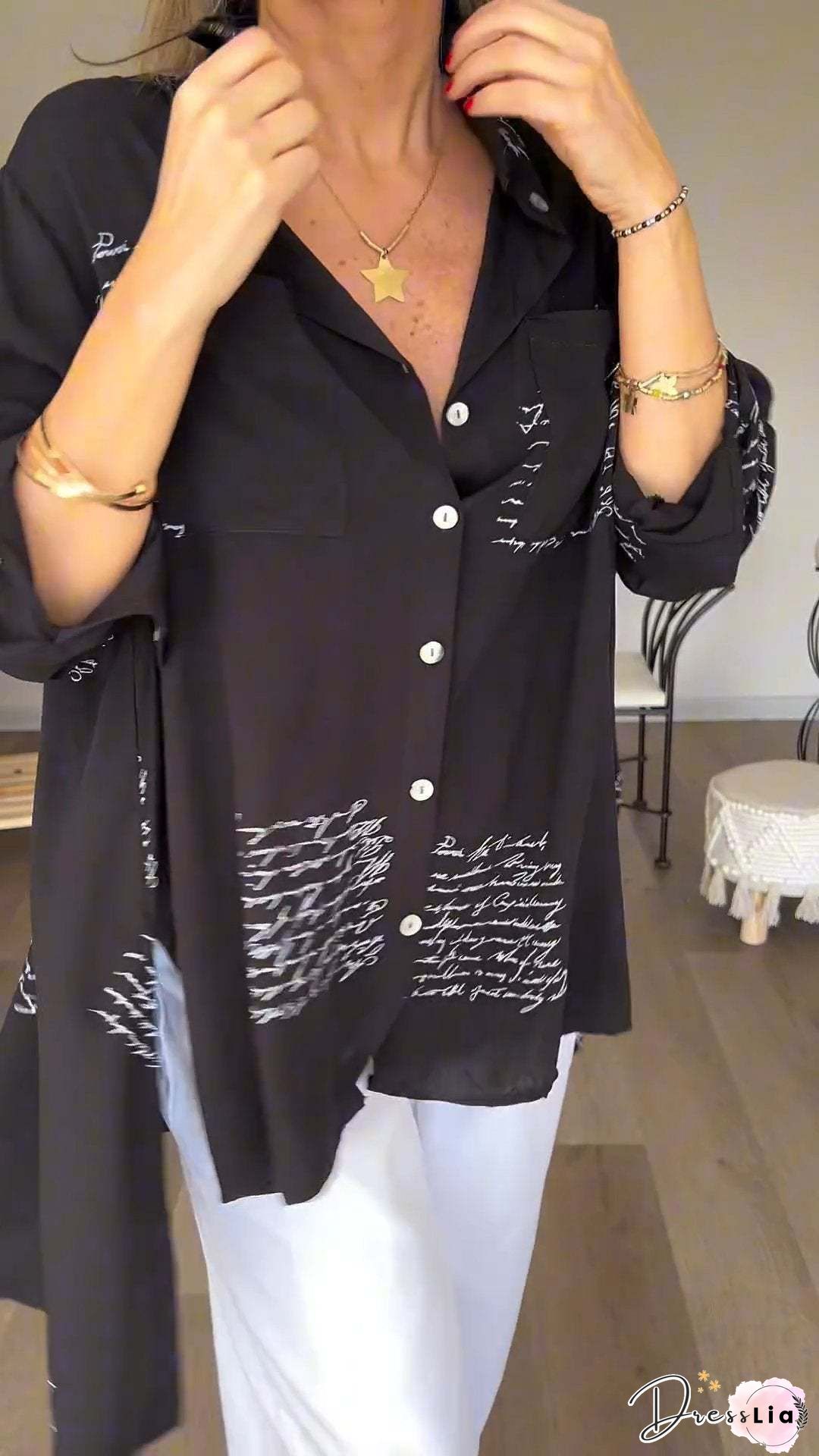 Text Letters Casual Lace Loose Long Sleeve Blouse