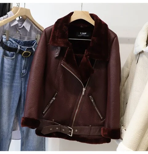 FTLZZ New Winter Women Female Fur Leather JacketFaux Lamb Leather Jacket Aviator Jacket Thick Faux Leather Fur Sheepskin Coat