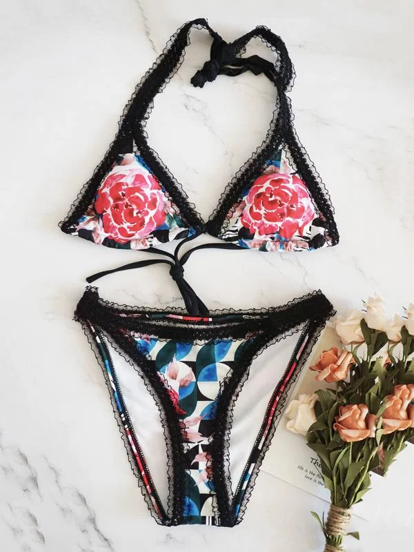 Floral-Print Triangle Split Bikini Swimsuit