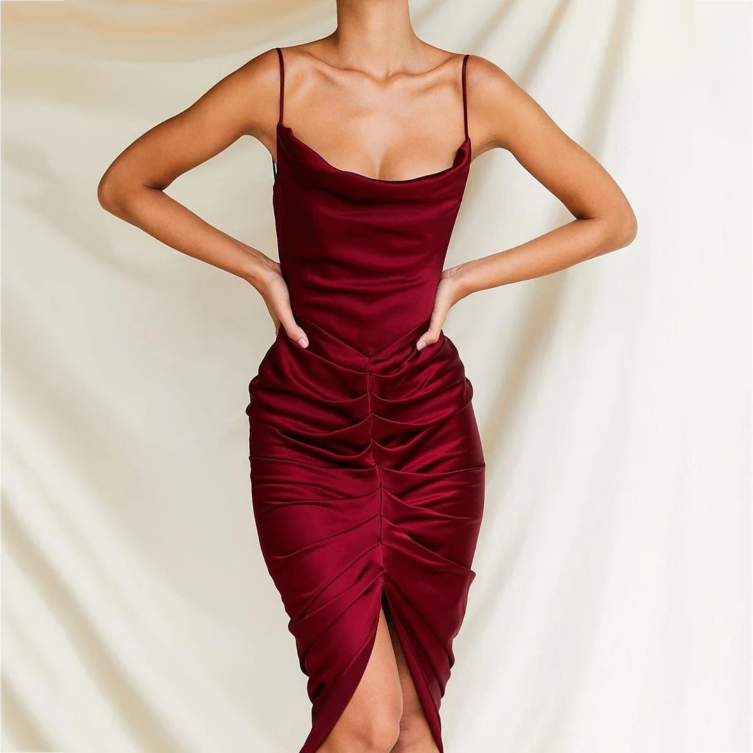 Justchicc Satin Silk Women Midi Dress Side Slit Pleated Backless  Red Dress 2023 Autumn Wnter Party Clothes Elegant Dress